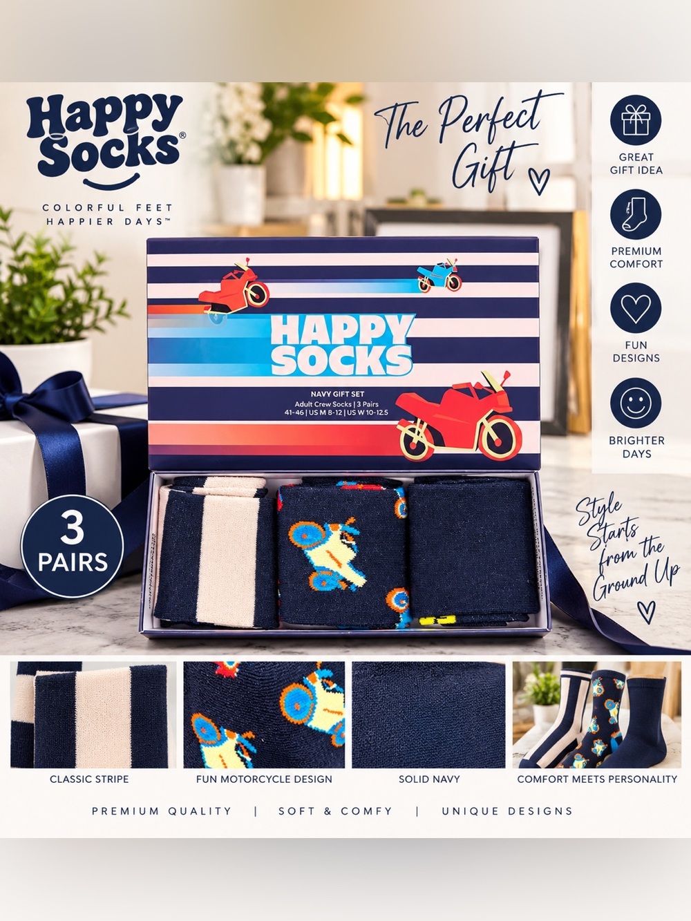 Happy Socks Navy, Cream and Blue Motorcycle Crew Socks Gift Set